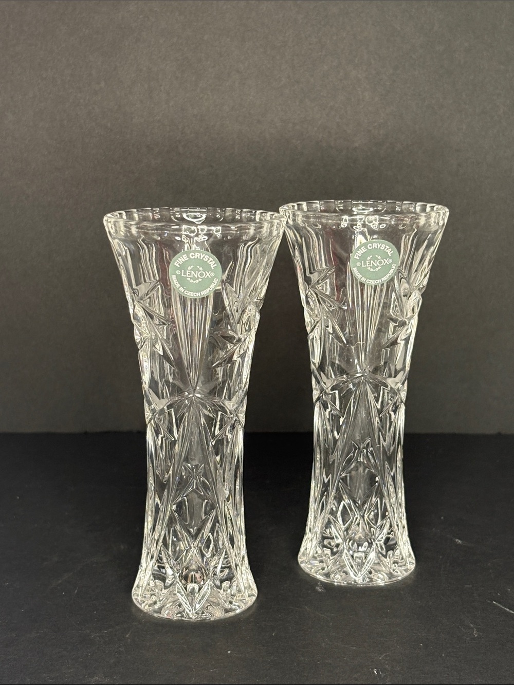 Lenox Fine Crystal Star Cut 6”Bud Vases Czech Republic Pair